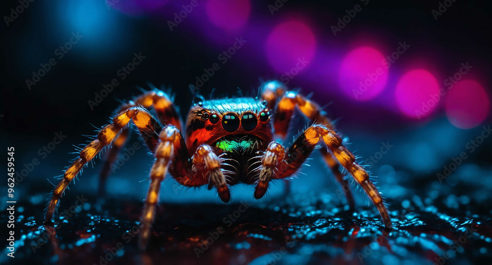 Spider crawling neon glow abstract background Spider crawling neon glow abstract background