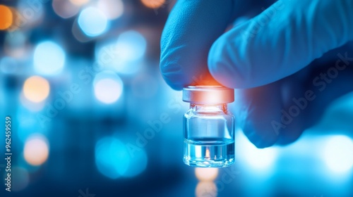 Surgical gloves handling antiserum vial in bright laboratory setting, showcasing precision and care in a scientific environment, emphasizing safety and professionalism. photo