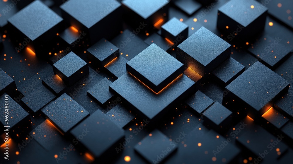 Abstract background of black cubes with glowing orange lights. Abstract background of black cubes with glowing orange lights.