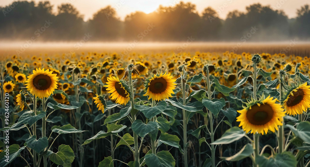 Fototapeta premium Sunflowers and wheat glowing mist abstract background