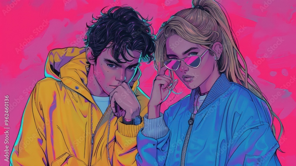 A vibrant illustration of two stylish young individuals posing against a colorful background. A vibrant illustration of two stylish young individuals posing against a colorful background.
