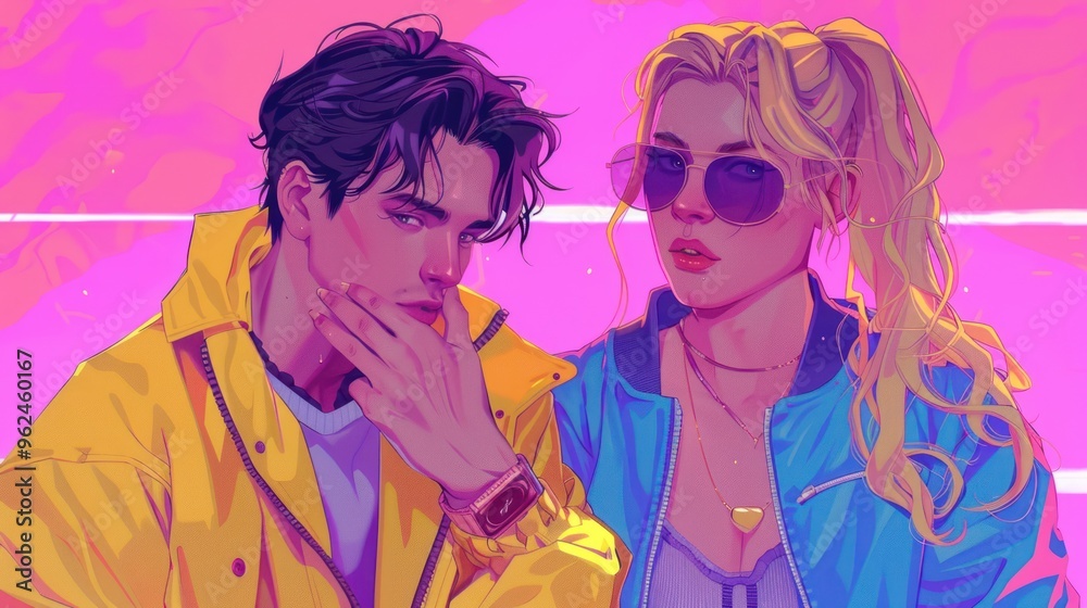 A vibrant digital illustration of a stylish couple in retro clothing against a colorful background. A vibrant digital illustration of a stylish couple in retro clothing against a colorful background.