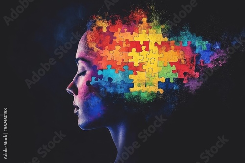 Neural architecture Neural function Surreal portrait of a woman with a rainbow colored puzzle brain symbolizing creativity imagination and the colorful diversity of thought