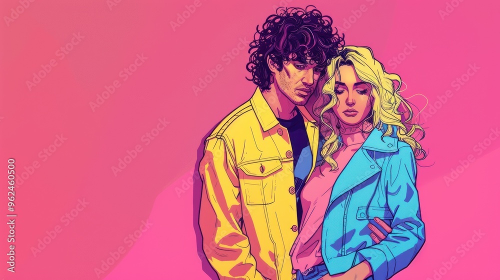 A vibrant illustration of a couple embracing against a colorful background. A vibrant illustration of a couple embracing against a colorful background.