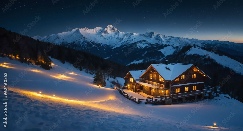 Fototapeta premium Twinkling lights on snowy hillside background