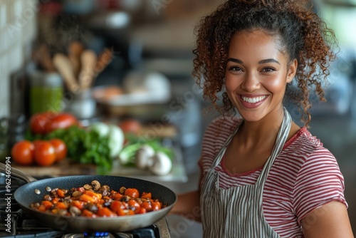 Smiling Woman Cooking in Kitchen