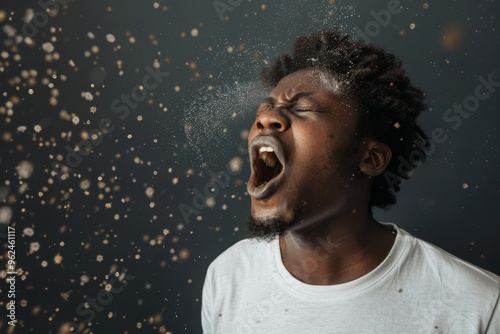 Black young man sneezing highlighting tiny viruses and splashes. Intense sneeze of black man visible droplets and viruses. Image highlighting intersection of personal actions and public health