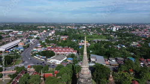  Bird eye view of ancient tourist attractions in Ayutthaya, Wat Yai Chai Mongkol pagoda photo