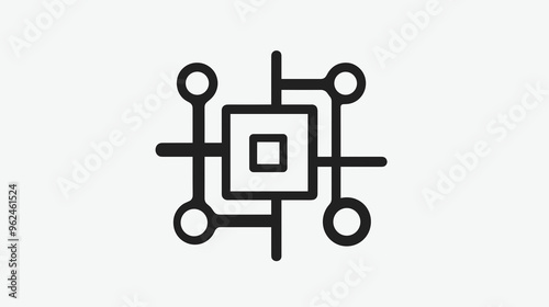 This design features a simplistic black and white line icon that symbolizes digital connectivity and network structures in contemporary design aesthetics