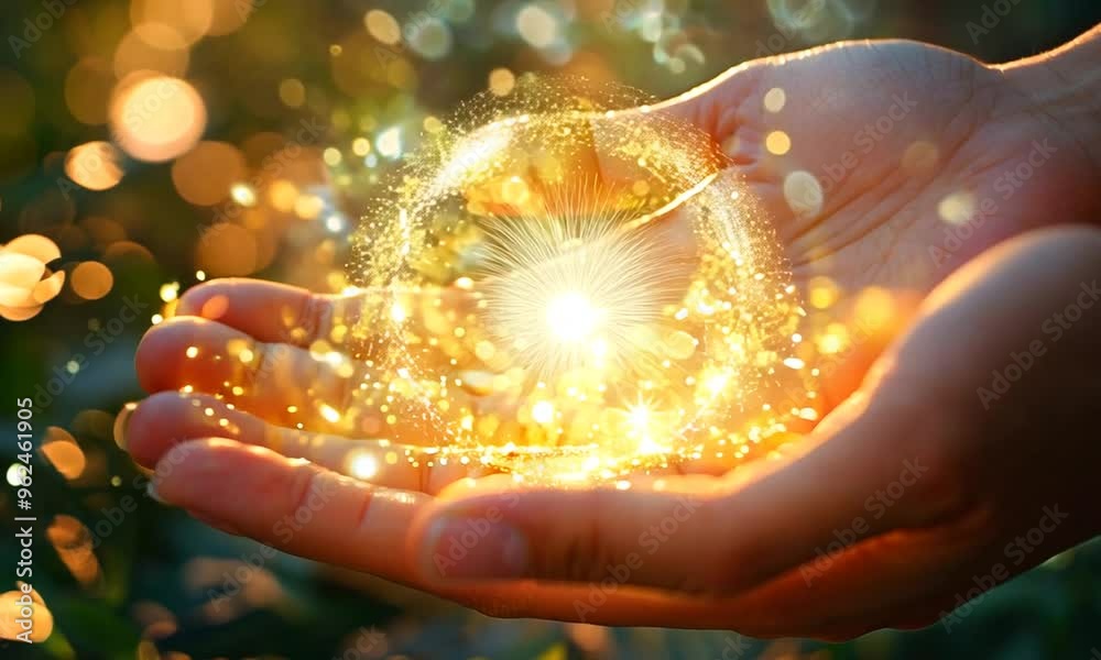 Hands cupped together, holding golden sparkles in the sunlight, a concept of hope and magic.