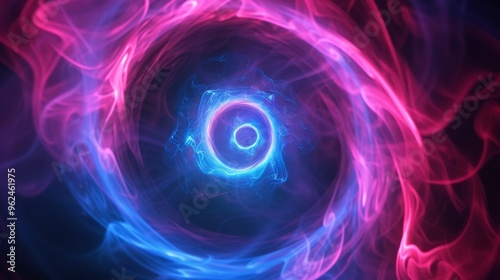 A stunning vortex of pink and blue smoke swirls in a dynamic dance, creating an abstract and vibrant visual experience. The contrasting colors and fluid motion evoke a sense of energy and creativity.