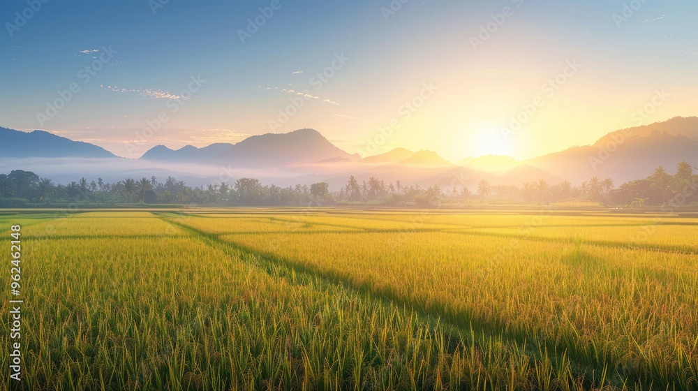 Obraz premium Serene sunrise over lush rice fields with distant mountains and a clear sky.