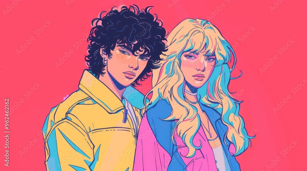 Colorful illustration of two stylish individuals with vibrant hair and outfits against a pink background. Colorful illustration of two stylish individuals with vibrant hair and outfits against a pink background.