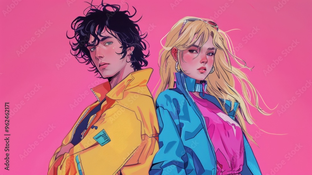 Two stylish characters in vibrant attire against a pink background, showcasing modern fashion. Two stylish characters in vibrant attire against a pink background, showcasing modern fashion.
