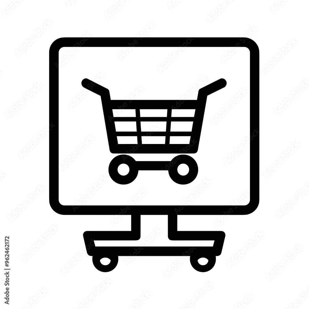 A vector icon depicting a shopping cart on a computer monitor illustrating the concept of online shopping and digital transactions for businesses