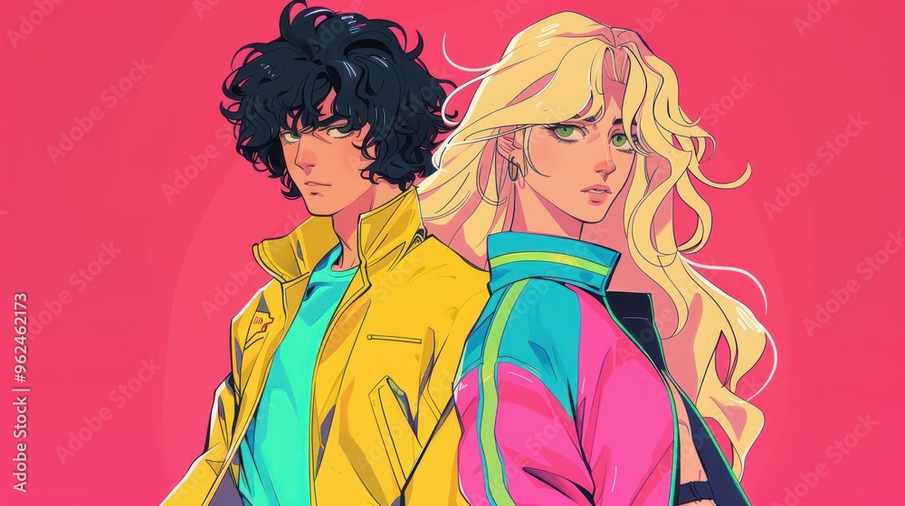 Two stylish characters in vibrant jackets against a pink background.