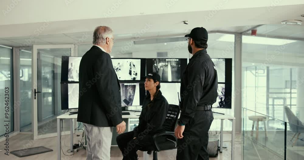 CCTV, handshake and supervisor talking to security staff in office for instructions, meeting or surveillance. Communication, computer screen and manager person shaking hands with monitoring team CCTV, handshake and supervisor talking to security staff in office for instructions, meeting or surveillance. Communication, computer screen and manager person shaking hands with monitoring team