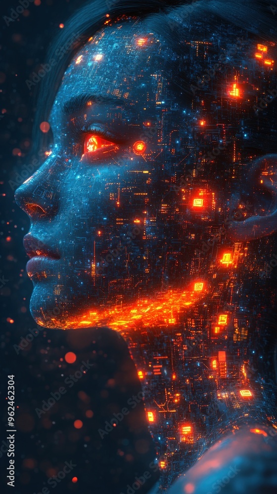 A woman's face is made up of glowing digital particles, with a futuristic aesthetic. A woman's face is made up of glowing digital particles, with a futuristic aesthetic.