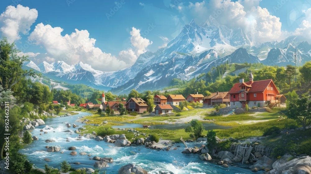 A serene landscape featuring mountains, a river, and quaint houses under a bright sky. A serene landscape featuring mountains, a river, and quaint houses under a bright sky.