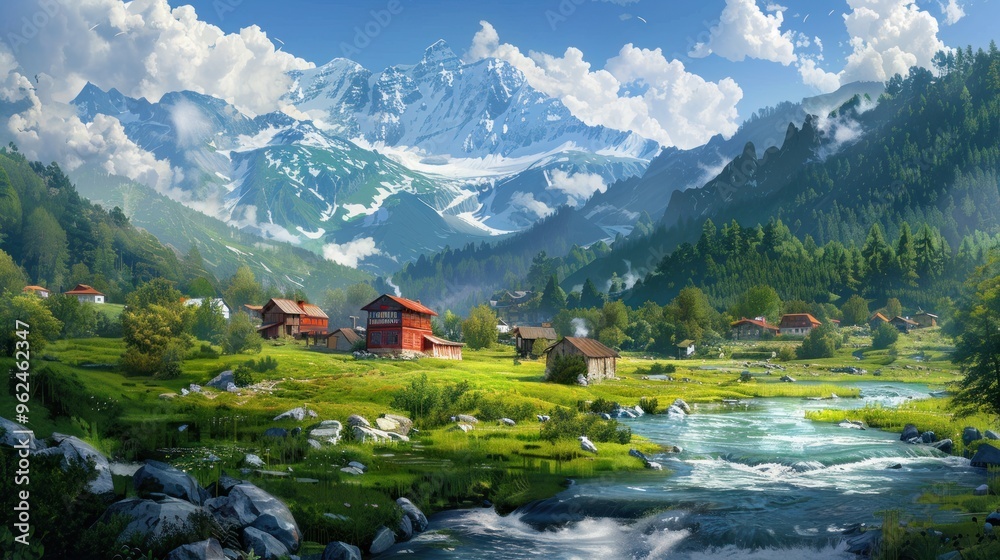 Fototapeta premium A serene mountain landscape with a river, lush greenery, and quaint houses under a blue sky.