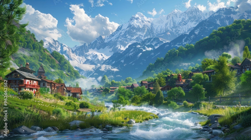 Fototapeta premium A serene landscape featuring mountains, a river, and charming cottages under a clear sky.