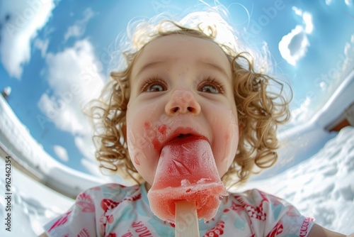 Little baby delicate features charmingly looks camera. Innocent baby captivating eyes smiling bright ambiance. Little one can't get enough of their ice cream. photo