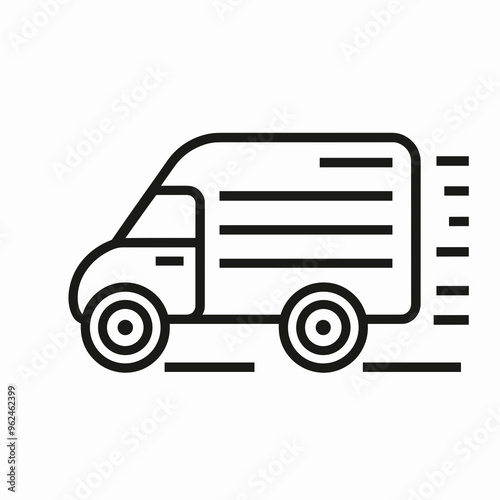 A minimalist vector design shows a delivery van in motion, emphasizing speed and efficiency for transporting goods from one location to another