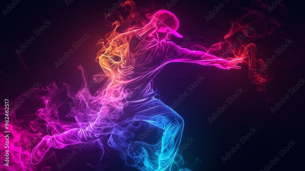 This image showcases a street dancer caught mid-move, silhouetted against a dark backdrop. Surrounding him are vibrant smoke trails in hues of blue, pink, and orange, adding a dynamic and urban flair This image showcases a street dancer caught mid-move, silhouetted against a dark backdrop. Surrounding him are vibrant smoke trails in hues of blue, pink, and orange, adding a dynamic and urban flair
