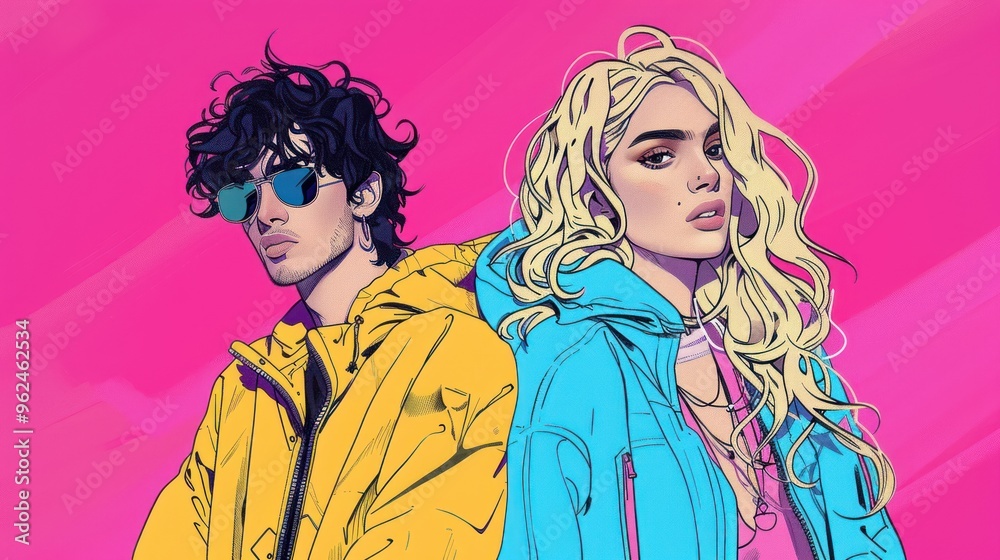A vibrant illustration of two stylish figures in colorful jackets against a pink background. A vibrant illustration of two stylish figures in colorful jackets against a pink background.