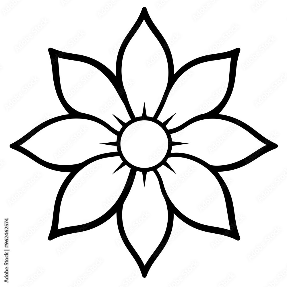 A minimalist vector illustration featuring a symmetrical flower design with elongated petals and a circular center, ideal for graphic applications A minimalist vector illustration featuring a symmetrical flower design with elongated petals and a circular center, ideal for graphic applications