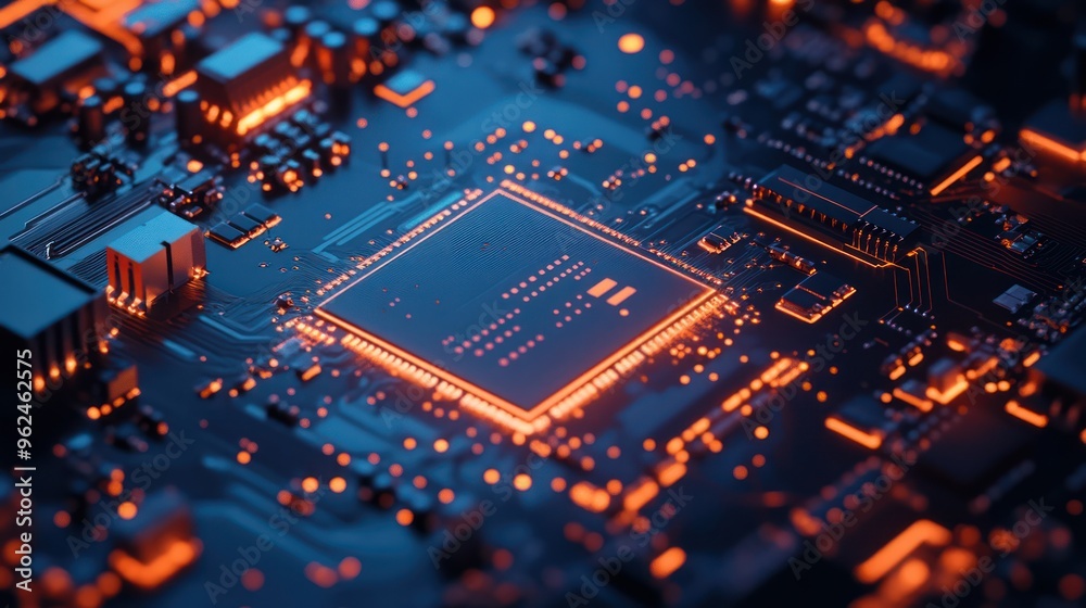 Close-up of a Circuit Board with Illuminated Chip Close-up of a Circuit Board with Illuminated Chip