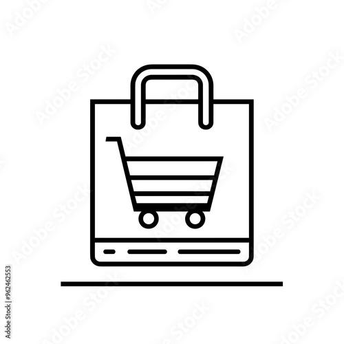 A minimalist vector illustration depicts a shopping bag featuring a cart graphic, perfect for conveying sale shopping themes and retail promotions