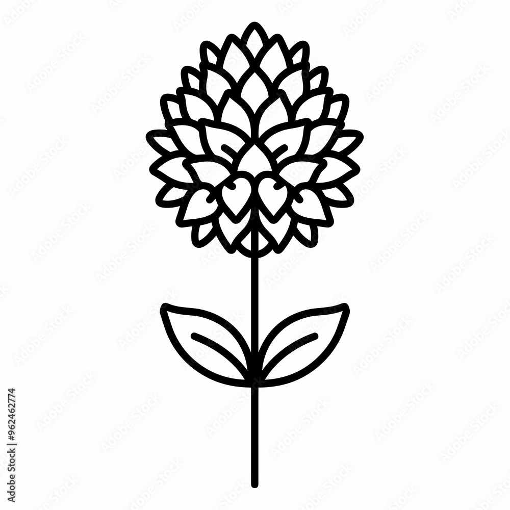 A minimalist representation of a Globe Amaranth flower, highlighting its unique petal arrangement and stem with leaves, suitable for various design applications A minimalist representation of a Globe Amaranth flower, highlighting its unique petal arrangement and stem with leaves, suitable for various design applications