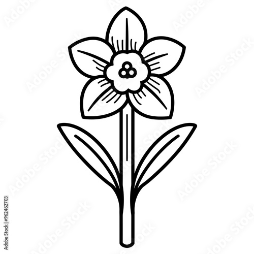 This simple line icon showcases a daffodil flower with distinct petals and leaves, perfect for use in digital design, art projects, and floral themes