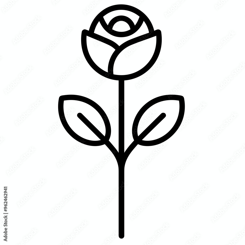 This simple line icon depicts a black rose, featuring an elegant bloom and leaves, symbolizing beauty and affection in a minimalist style This simple line icon depicts a black rose, featuring an elegant bloom and leaves, symbolizing beauty and affection in a minimalist style