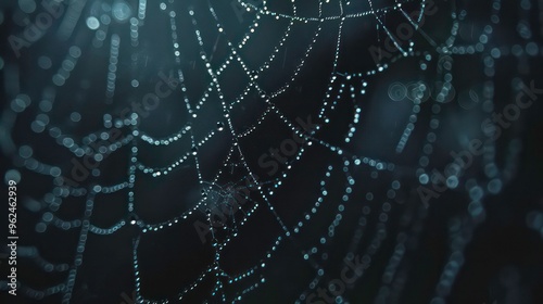 Close-up of a spider web with dew drops.