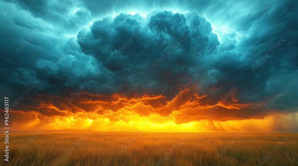 A dramatic storm cloud over a golden field with a swirling tornado in the distance. A dramatic storm cloud over a golden field with a swirling tornado in the distance.