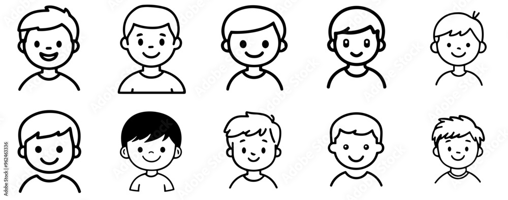 A grid showcases various vector illustrations of boys with different hairstyles and cheerful expressions, emphasizing diversity and positivity in design, interface icon A grid showcases various vector illustrations of boys with different hairstyles and cheerful expressions, emphasizing diversity and positivity in design, interface icon