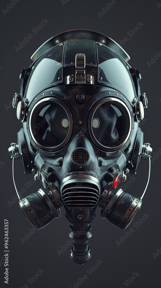 A futuristic gas mask with detailed metal and black leather parts.