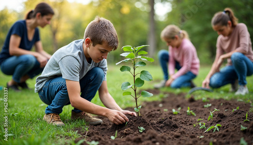 A young volunteer plants a tree at a community gardening event focused on sustainability.