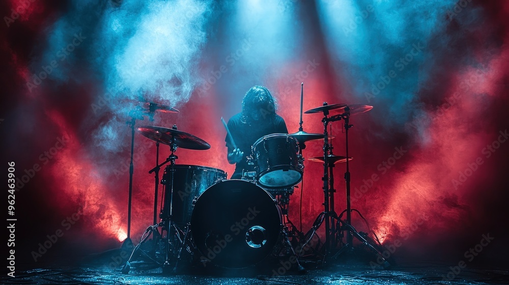 Naklejka premium A drummer performs on stage in a haze of red and blue light.