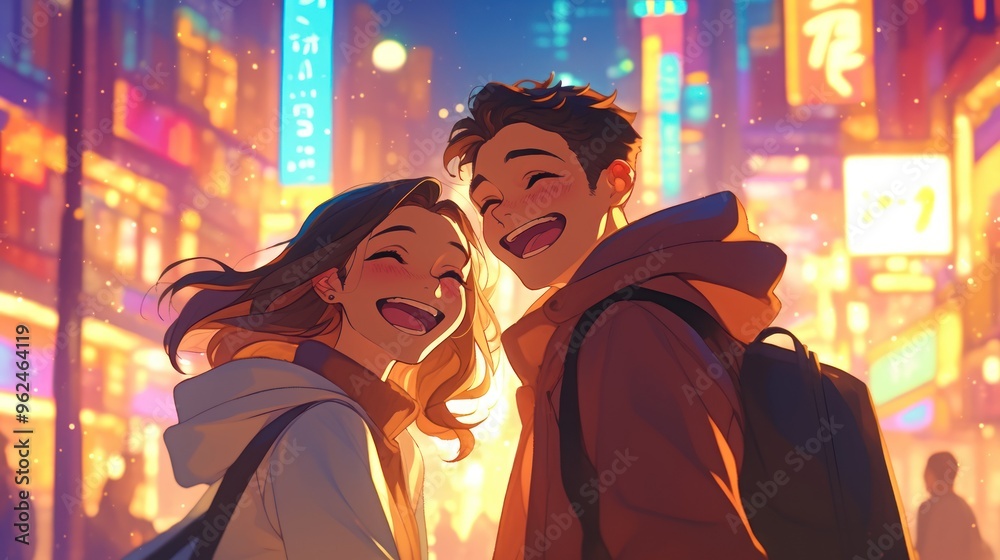 A joyful couple smiles together in a vibrant, illuminated cityscape at night. A joyful couple smiles together in a vibrant, illuminated cityscape at night.