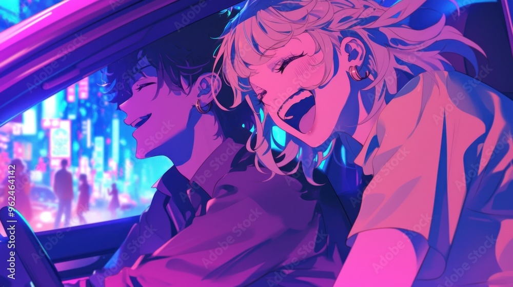 A joyful scene of two friends in a car, enjoying a vibrant city night. A joyful scene of two friends in a car, enjoying a vibrant city night.