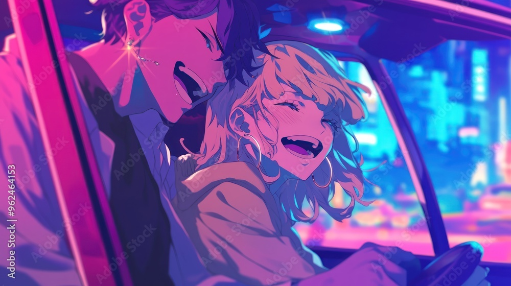 A vibrant night scene of two joyful individuals in a car, enjoying their time together. A vibrant night scene of two joyful individuals in a car, enjoying their time together.