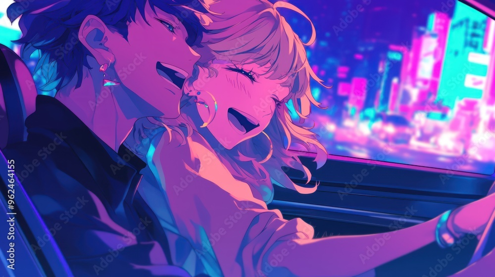 A joyful moment of two friends laughing in a car against a vibrant city night backdrop. A joyful moment of two friends laughing in a car against a vibrant city night backdrop.