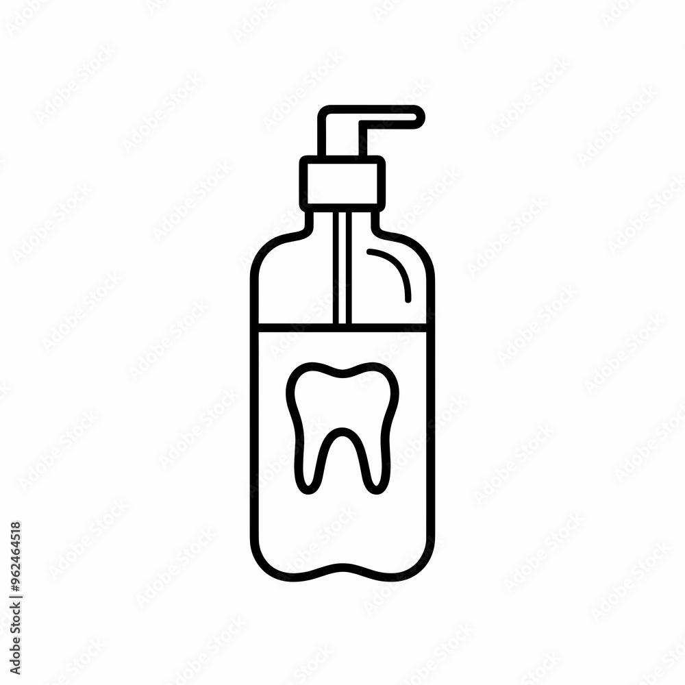 This vector graphic showcases a dental mouthwash bottle with a tooth icon, designed in a minimalist line art style to represent oral hygiene This vector graphic showcases a dental mouthwash bottle with a tooth icon, designed in a minimalist line art style to represent oral hygiene