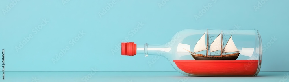 Fototapeta premium Ship in a bottle, maritime nostalgia, flat design illustration