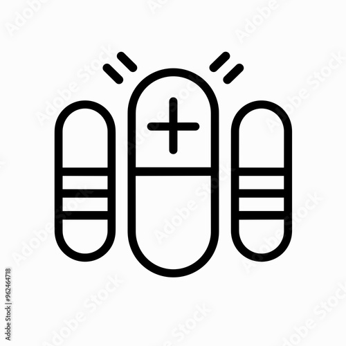 This vector illustration features a simple line icon of a pill surrounded by two capsules, symbolizing medication and health in a clean design