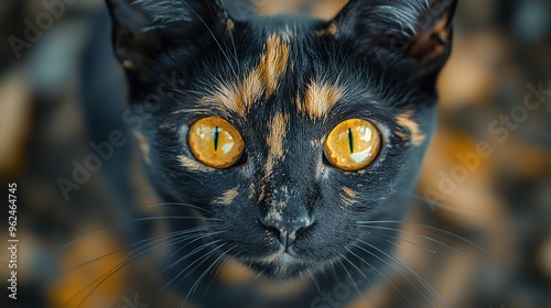 A Tortoiseshell Cat with Black and Yellow Fur, Featuring Yellow Eyes. The Cat’s Right Eye has a Distinctive Yellow Color. The Fur is a Beautiful Mix of Black and Yellow, Highlighting the Unique Tortoi photo