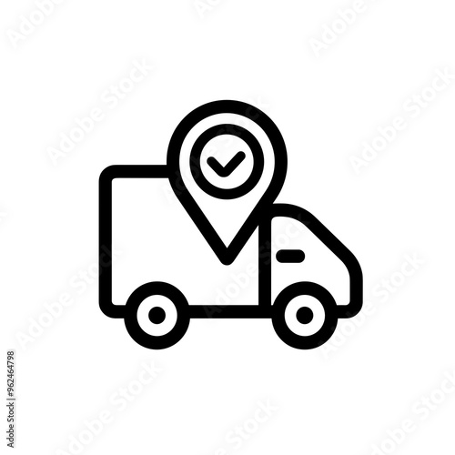 A delivery truck graphic features a location pin above it, symbolizing a successful delivery on a clean, minimalistic line interface for easy understanding